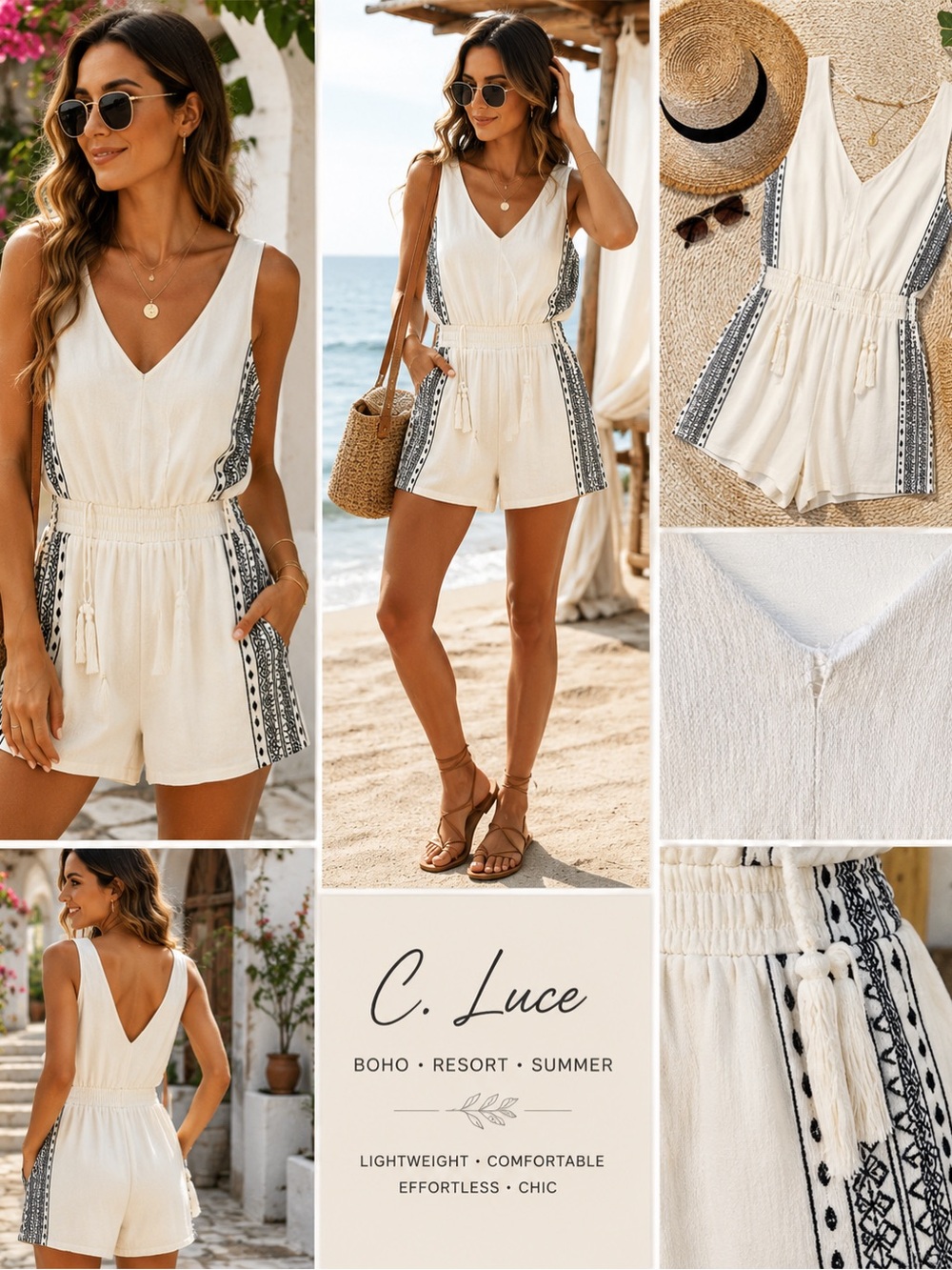 C. Luce Romper Women’s Small Ivory Embroidered Mediterranean Boho Tassel V Neck